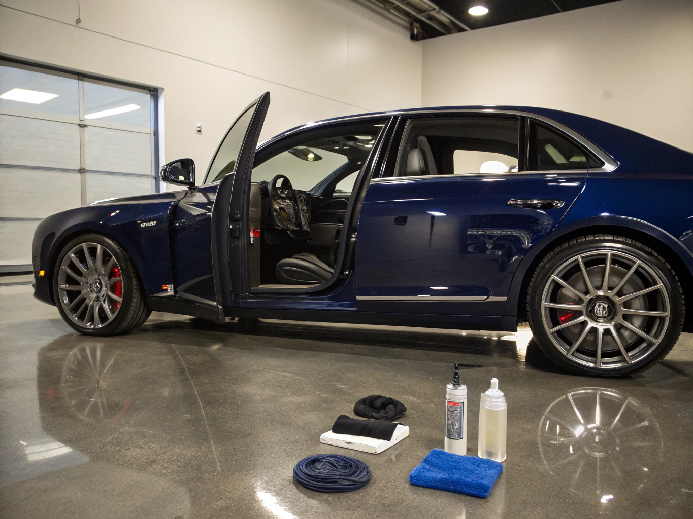 Finished polished vehicle showing mirror reflection inside detailing bay
