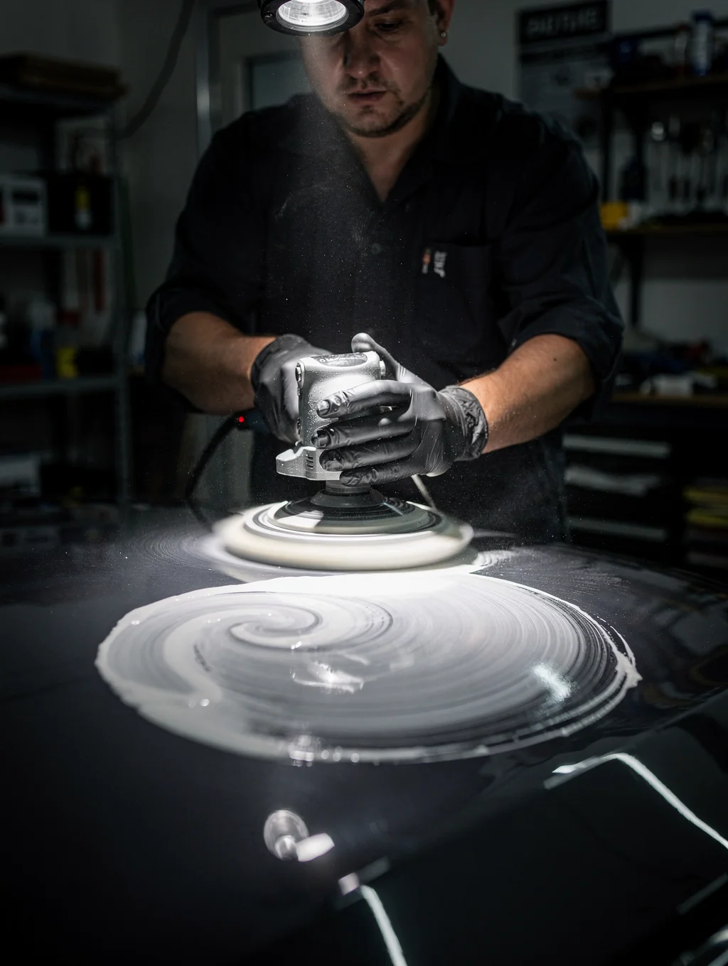 Garage Number Seven technician performing paint correction in workshop bay